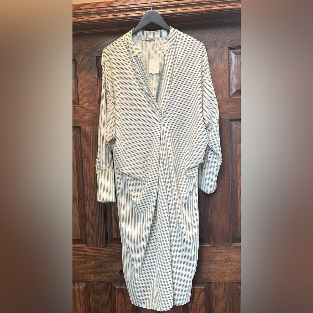 Zara Striped Cream and Black Stripes Midi Dress